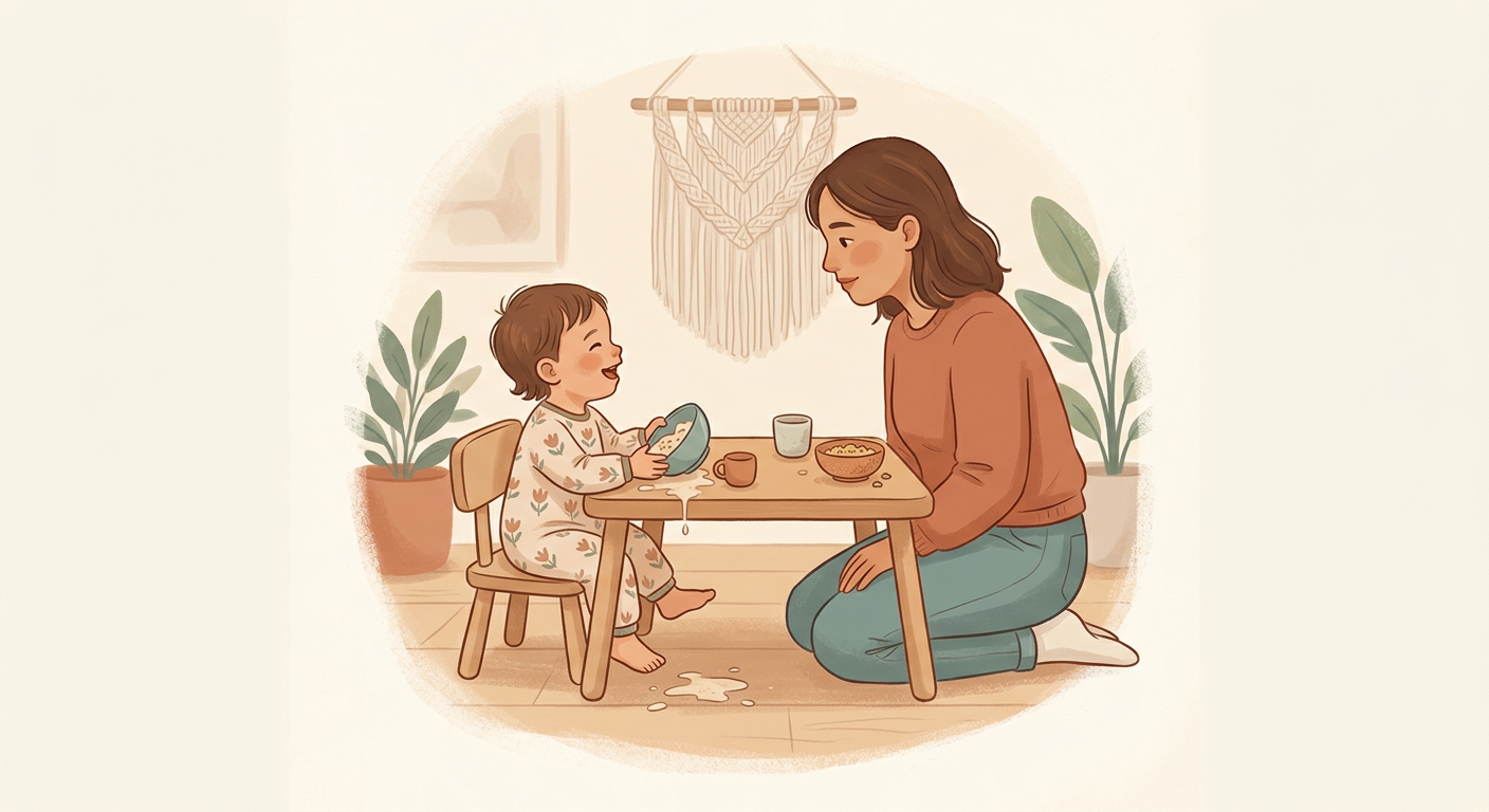A sua filha de 18 meses atira a comida para o chão a rir-se enquanto a olha nos olhos.