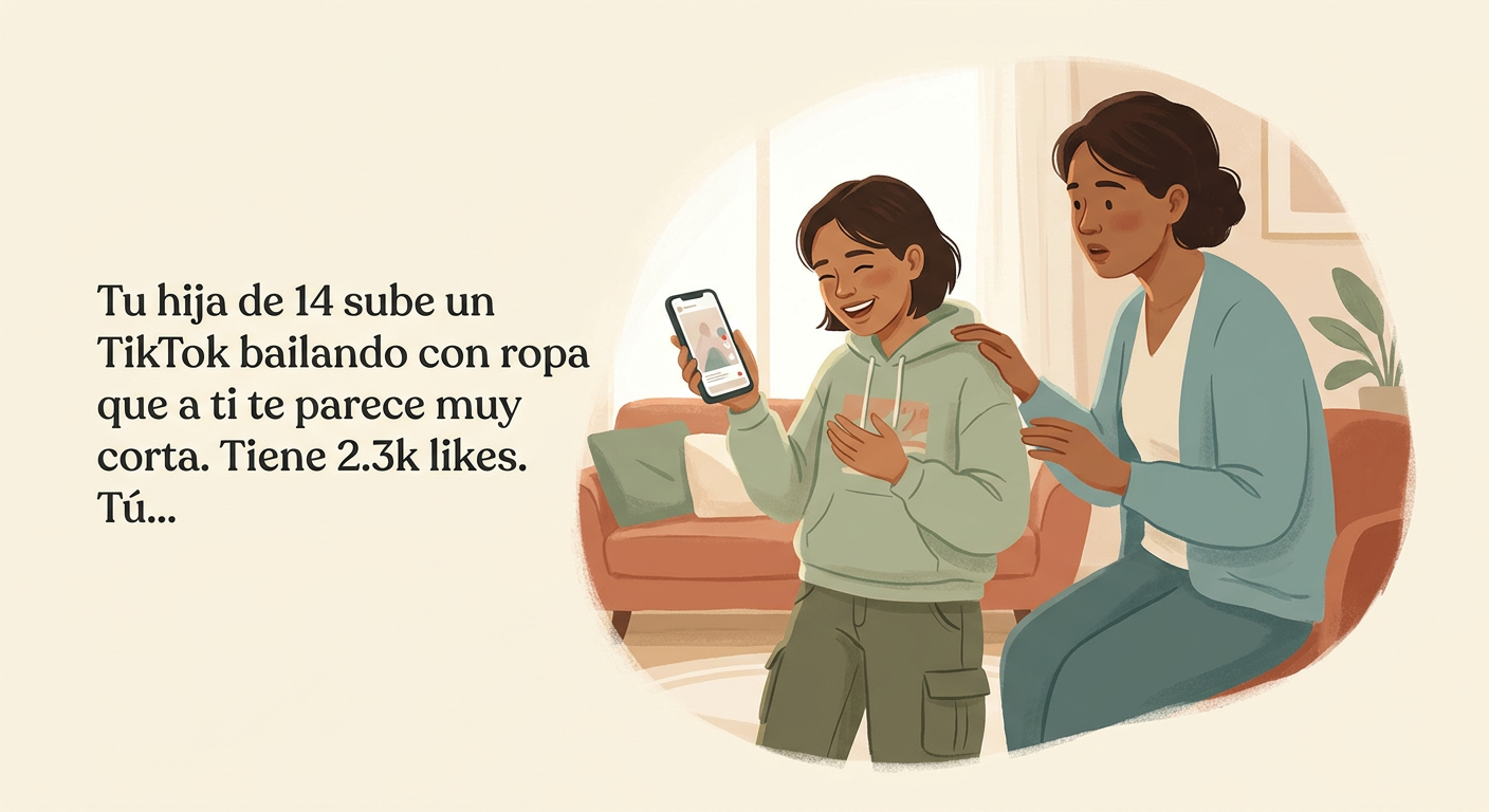 Tu hija de 14 sube un TikTok bailando con ropa que a ti te parece muy corta. Tiene 2.3k likes. Tú…