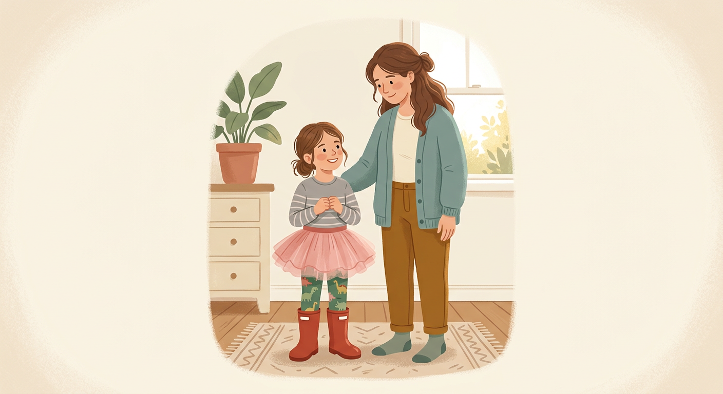 A sua filha de 6 anos quer vestir-se sozinha para ir à festa de aniversário. O resultado: um tutu rosa, leggings de dinossauros e galochas. Está sol. Você...