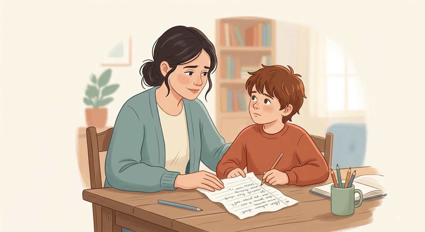 Tu hijo de 9 te pide que le "corrijas" la redacción. Está fatal. Si la entrega así, suspende. Tú…
