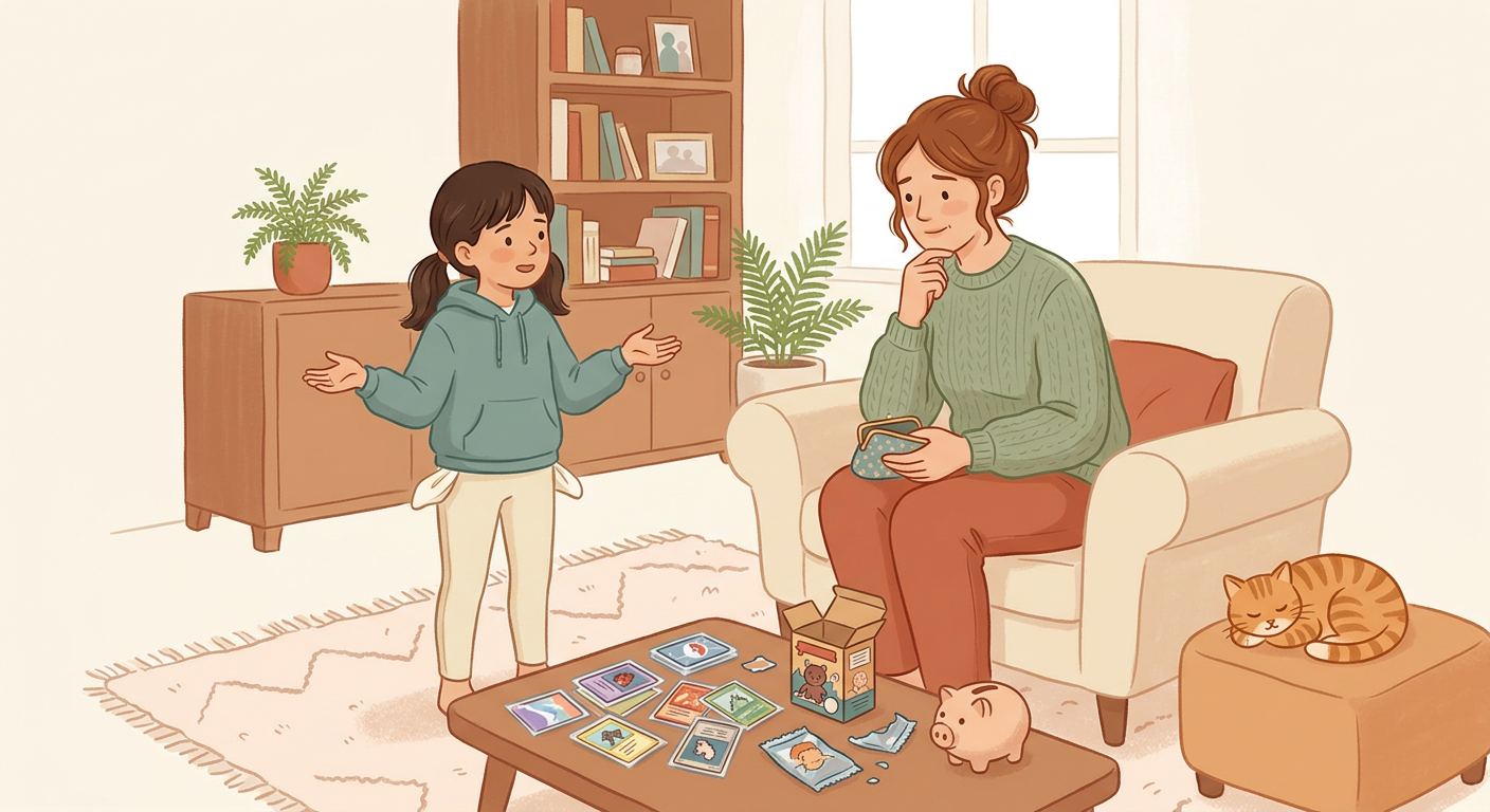 Your 10-year-old daughter spent her entire month's allowance on trading card packs in 3 days. Now she's asking for money to go to the cinema with friends. You...
