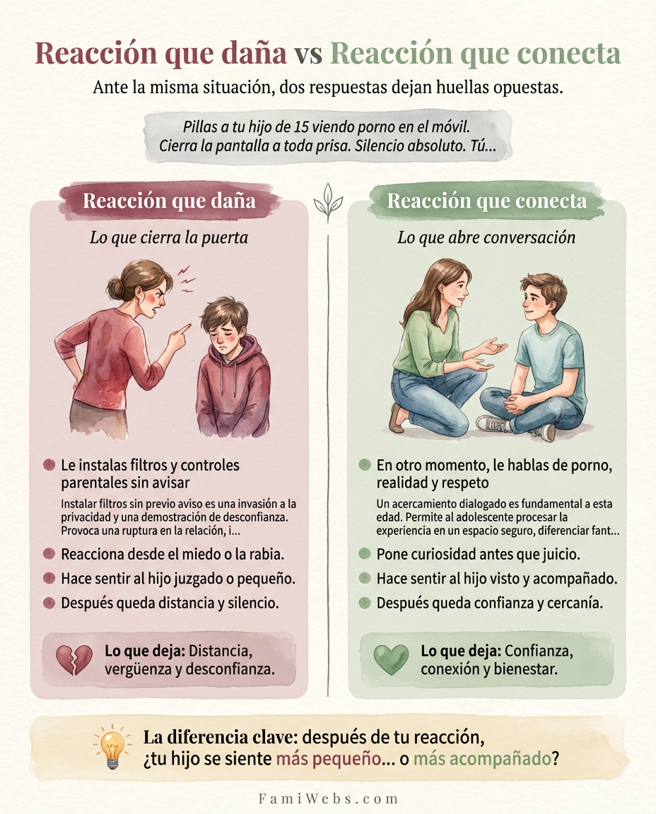 Infografía: Vous surprenez votre enfant de 15 ans en train de regarder du porno sur son portable. Il ferme l'écran à toute vitesse. Silence radio. Que faites-vous ?