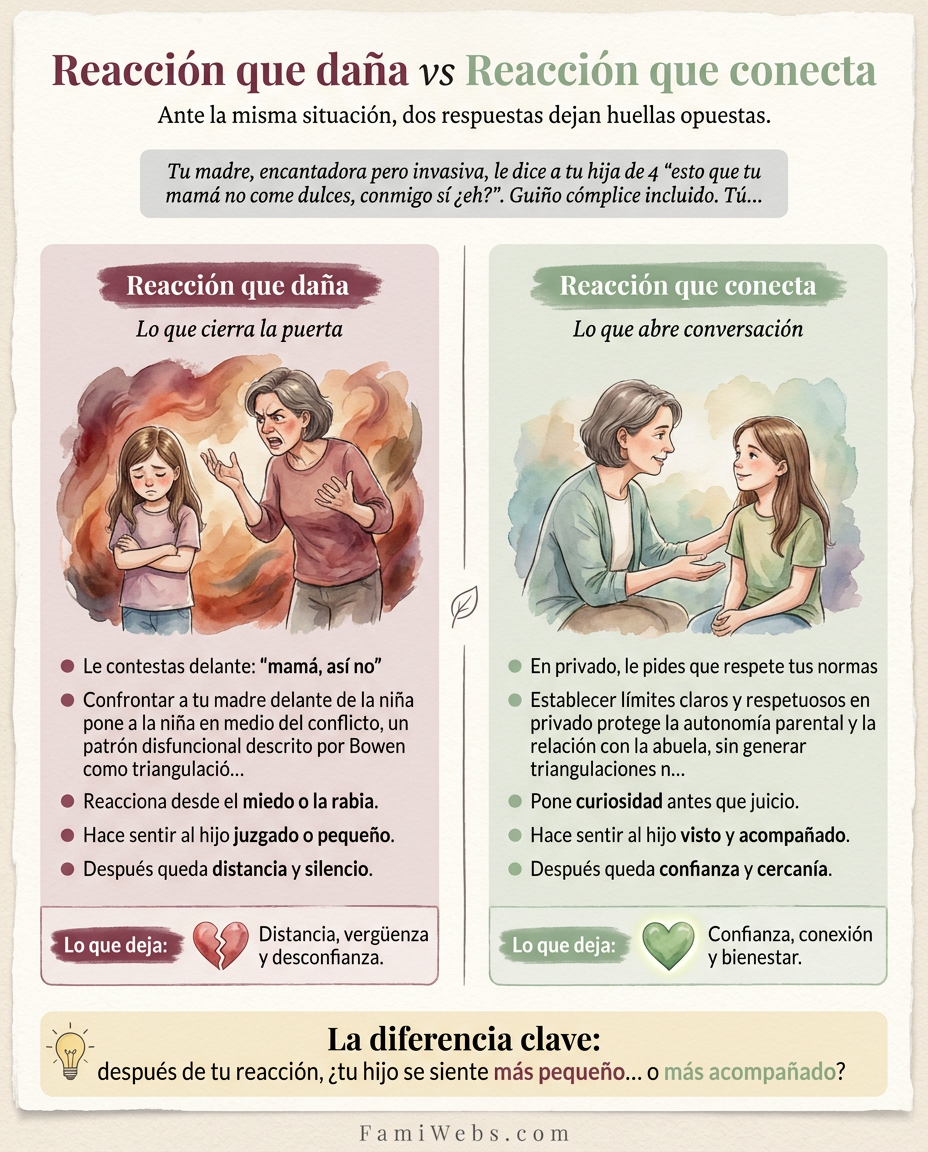 Infografía: A tua mãe, um amor, mas um pouco invasiva, diz à tua filha de 4 anos: "a tua mãe não come doces, mas comigo sim, está bem?". Inclui uma piscadela cúmplice. Tu…